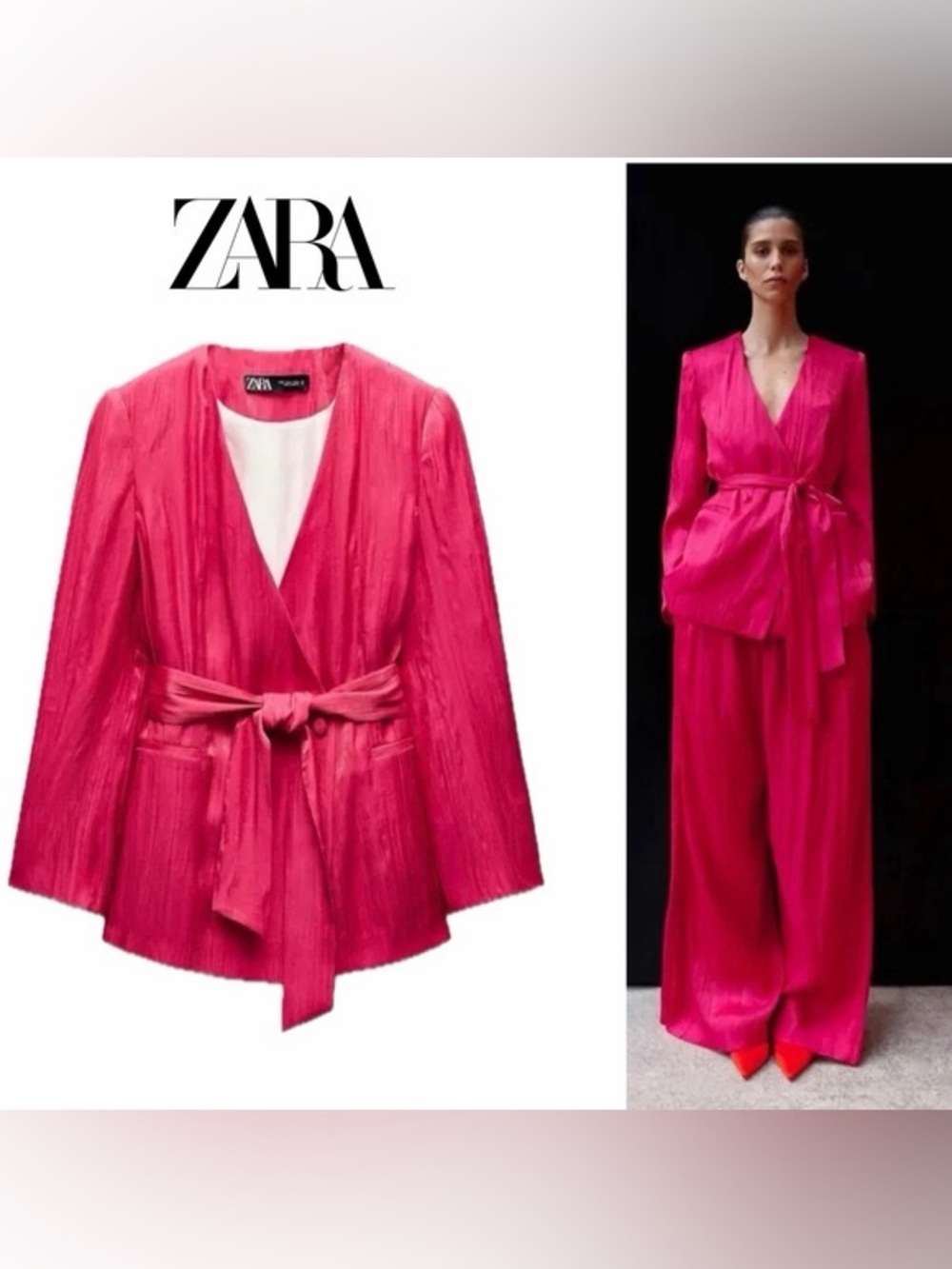 Zara Hot Pink Satin Satin-Effect Belted Blazer - Picture 1 of 5